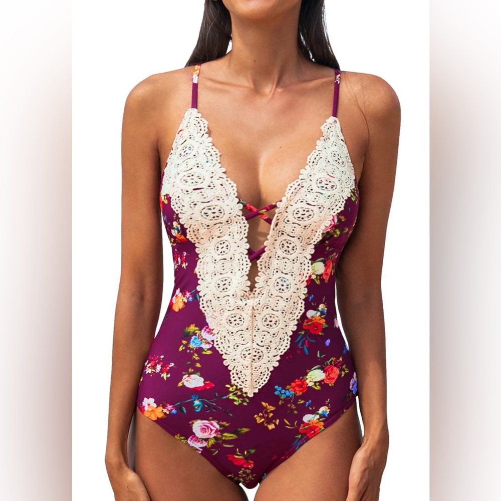 Cupshe Floral Lace One Piece Swimsuit - Purple and Cream
